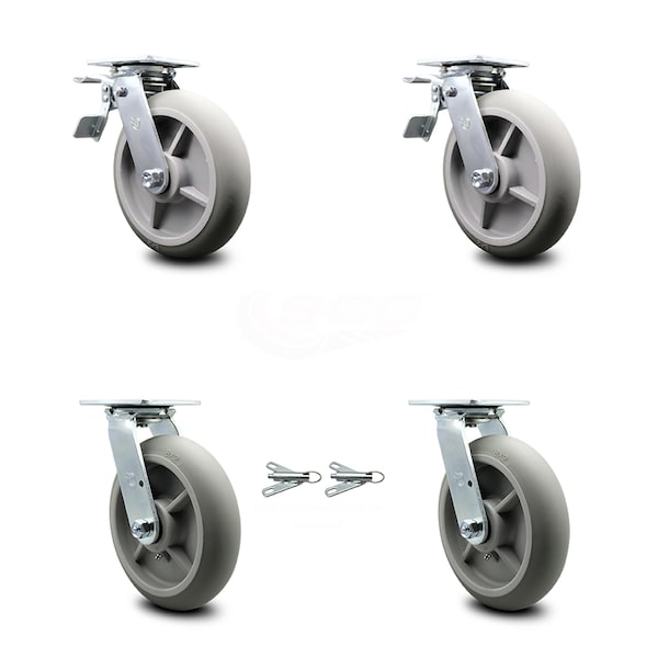 8 Inch Thermoplastic Rubber Caster Set with Ball Bearings 2 Brakes 2 Swivel Lock